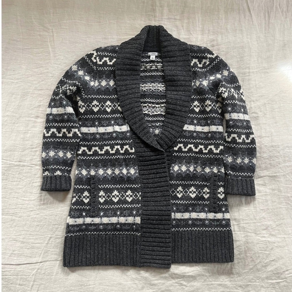 L.L.‎ Bean 100% Lambs Wool Fair Isle Cardigan Womens L Gray Long